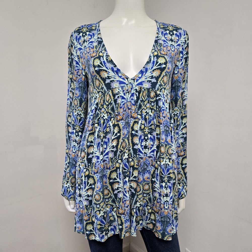 Free People Bella Floral Print Empire Tunic Top Long Sleeve V-neck Size S Boho